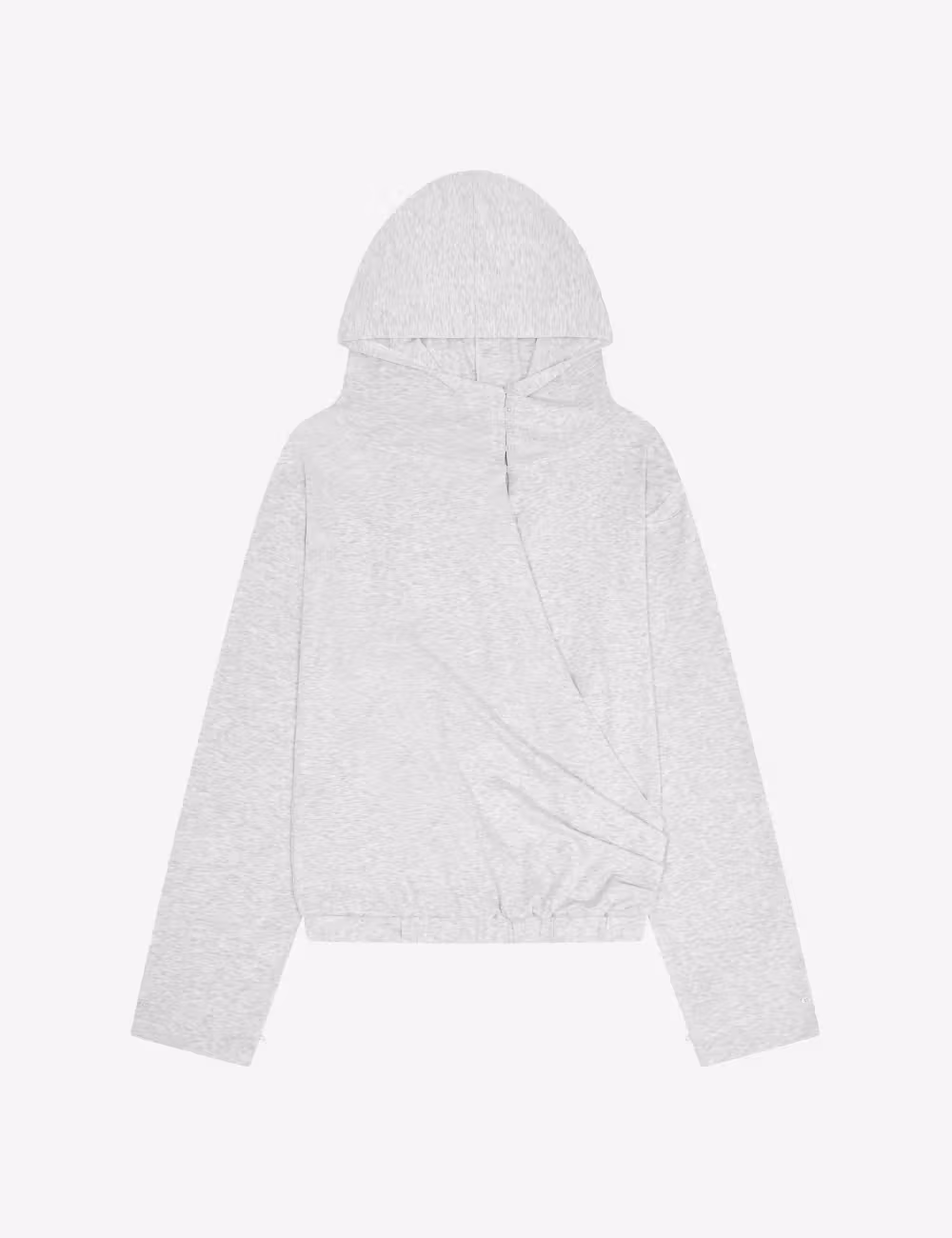 라이트 그레이 EASE FIT 후디 정면 상품 사진. 교차하는 앞판, 후드, 셔링 밑단을 볼 수 있다.