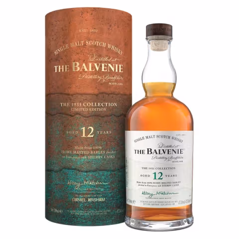 The 1931 Collection 12-Year-Old whisky with its brown cylindrical packaging