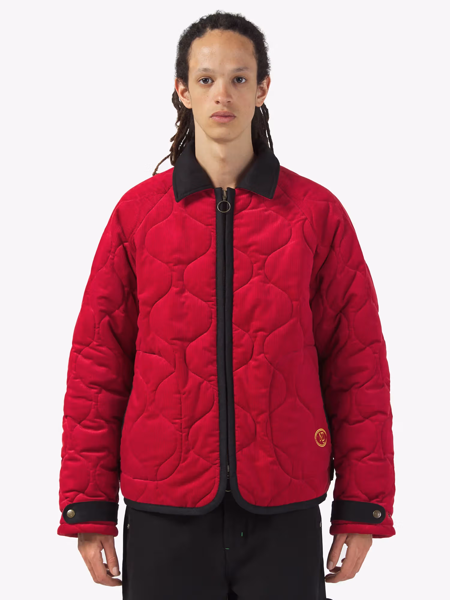 Red LAVENHAM Nicholas Daley jacket worn from the front