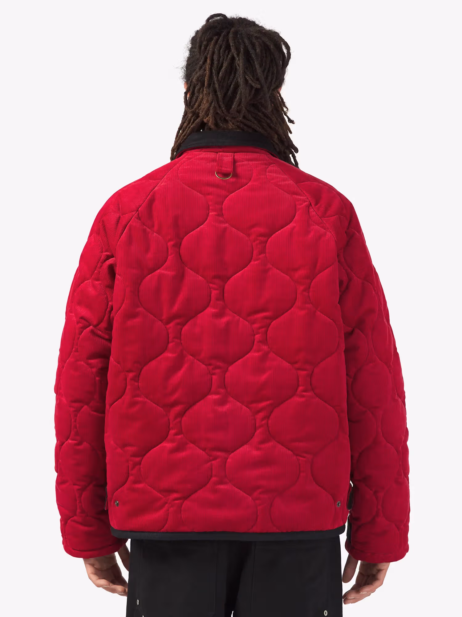 Back of the red collaboration jacket with curved quilting