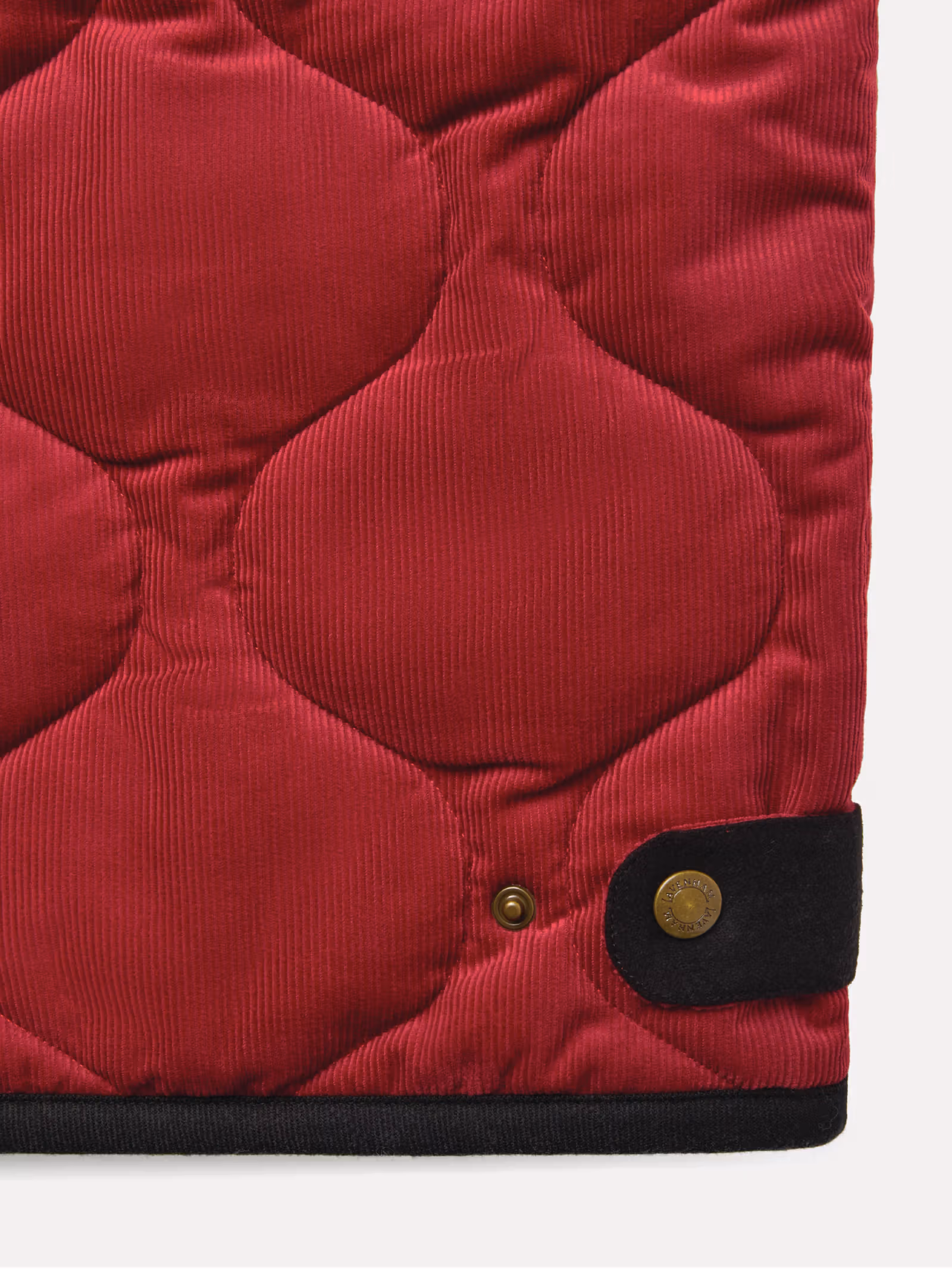 Red corduroy jacket hem adjustment strap and snap