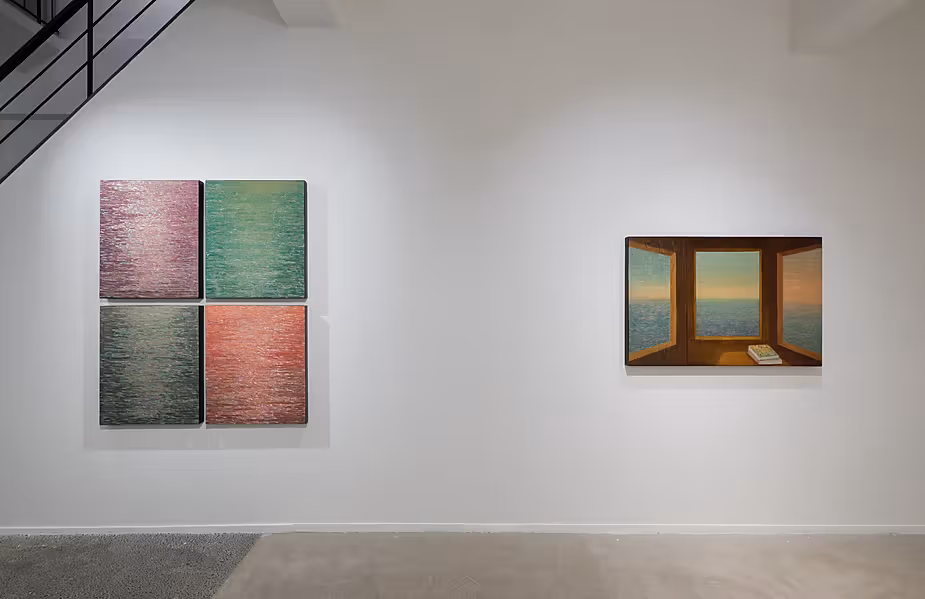 Four square pink, green, dark-grey and coral-coloured works at left, with a wooden-window seascape at right.
