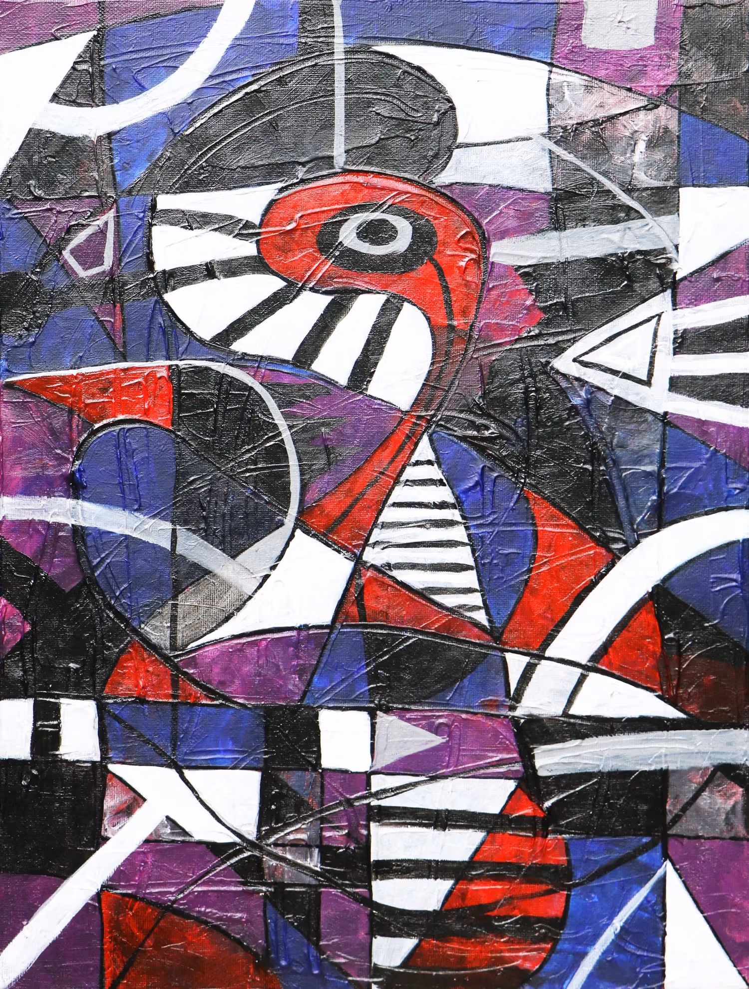 Aye Ko painting combining a red bird-like head, round eye and long beak with black-and-white stripes and purple-blue areas