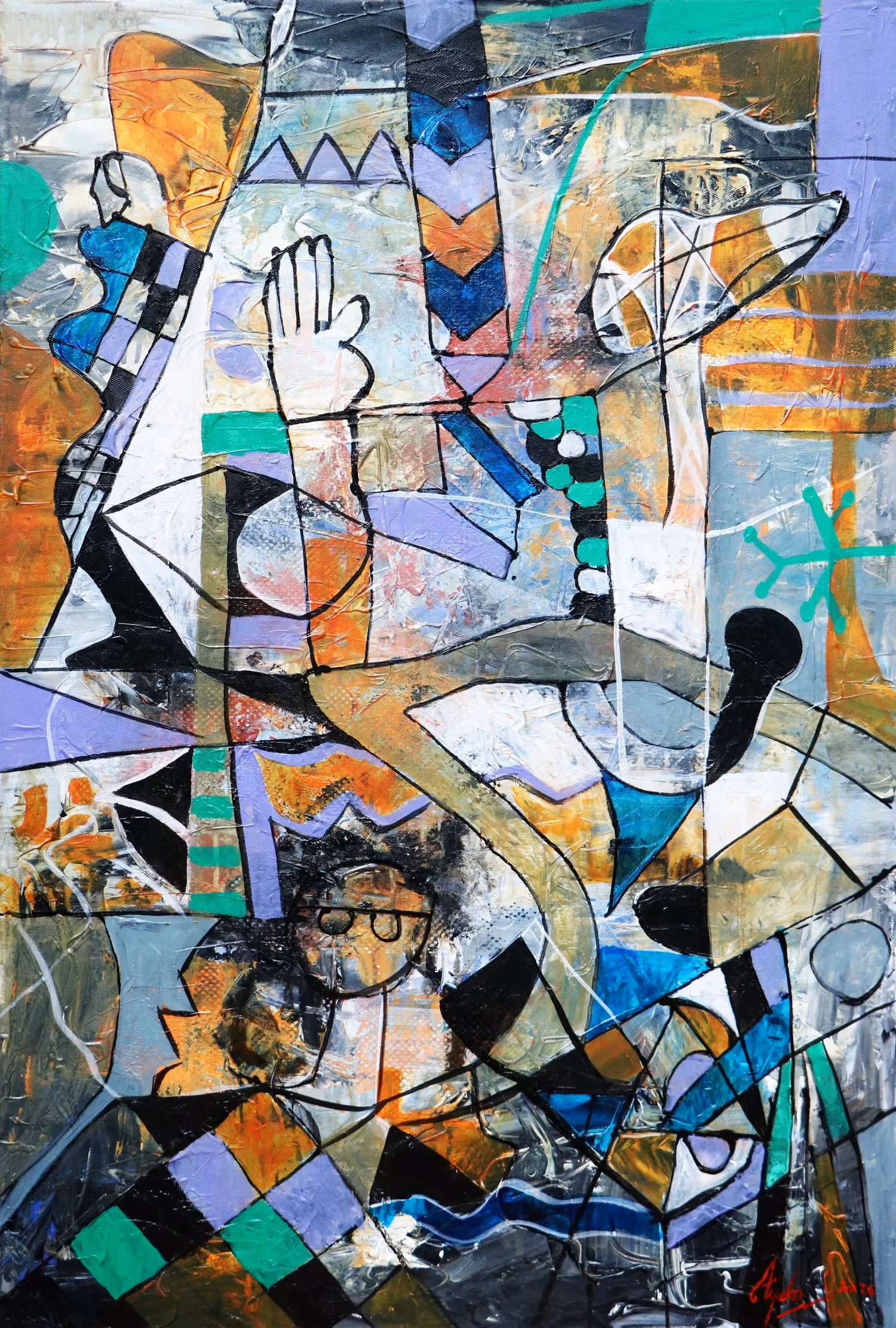 An open white palm in an Aye Ko painting, surrounded by pale, green and light-purple areas and dispersed head shapes