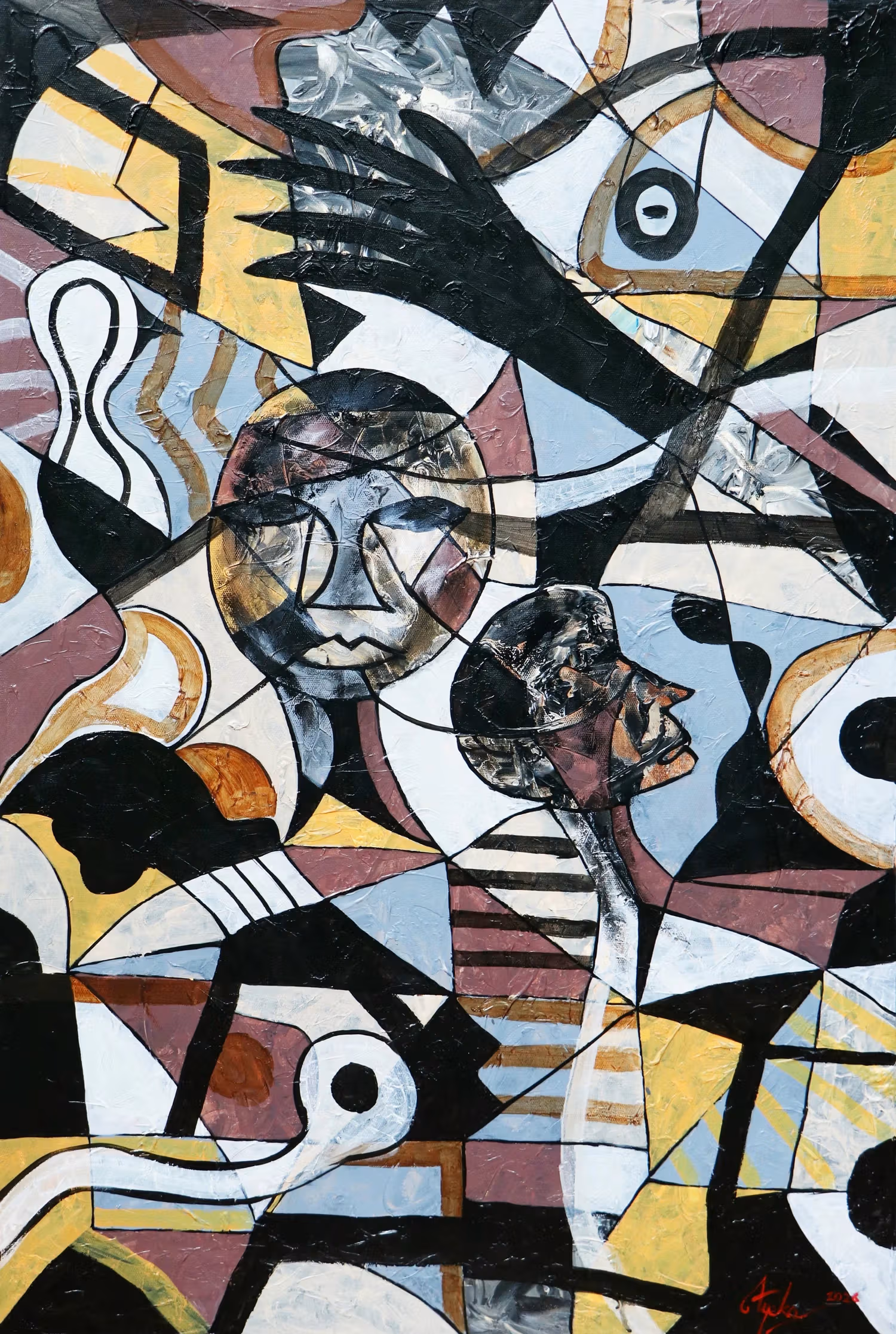 Aye Ko painting with an outstretched black hand shape above frontal and profile faces, surrounded by interwoven black, white, yellow, grey-blue and brown areas
