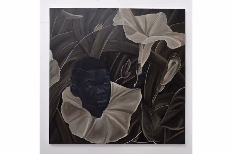 ภาพวาด Untitled 2024 ของ Jammie Holmes เป็นเด็กท่ามกลางดอกมอร์นิงกลอรี