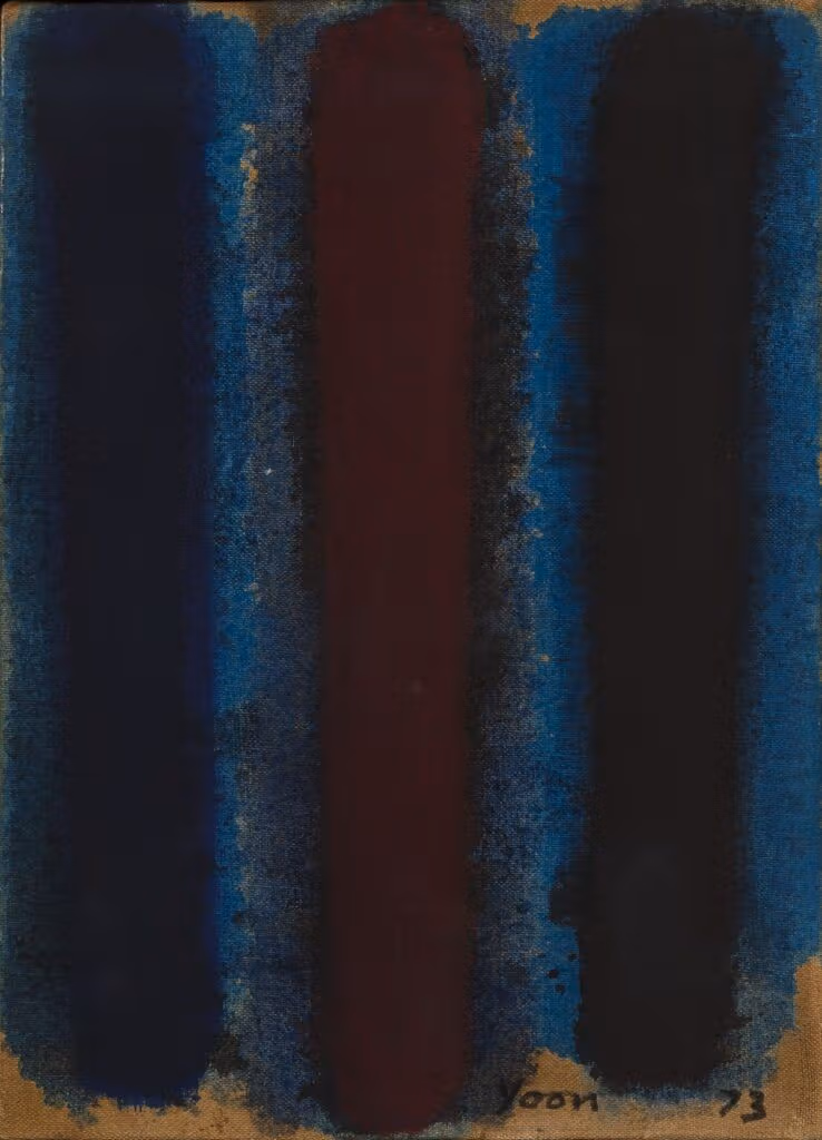 Dark blue and brown vertical bands in Yun Hyong-keun’s abstract painting