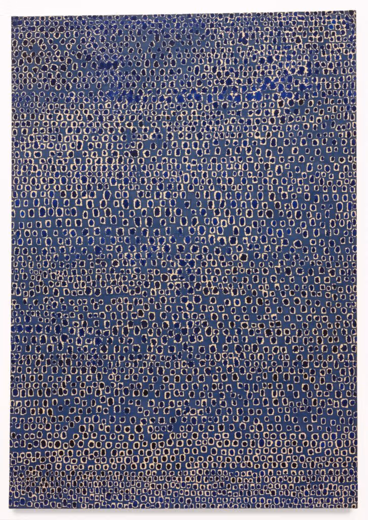 Blue abstract painting composed of closely spaced dots by Kim Whanki