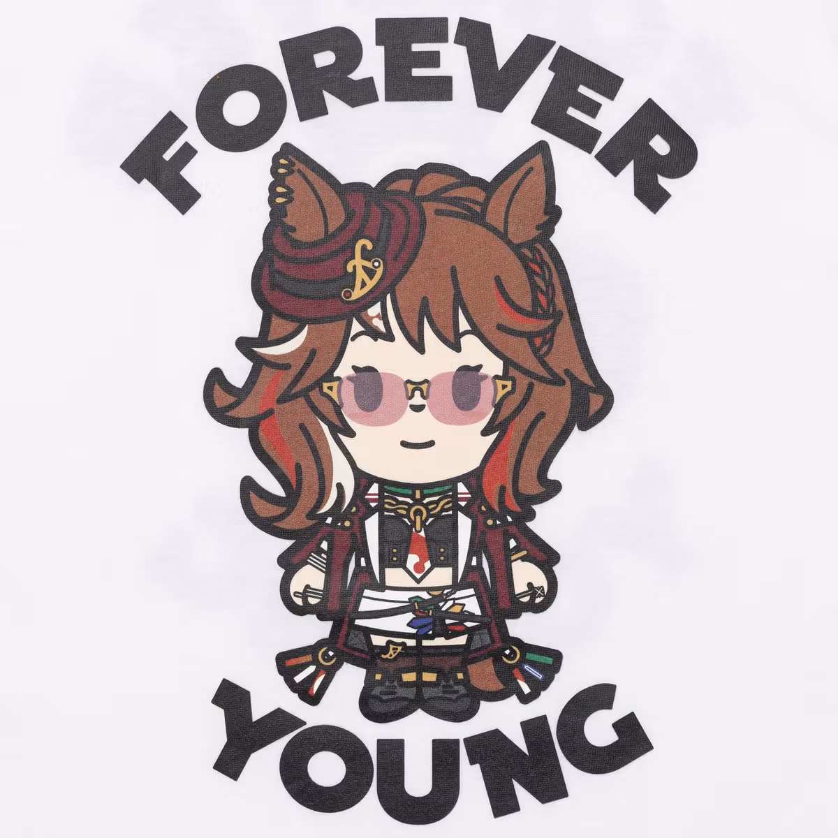 白いウマ娘フォーエバーヤングTシャツのプリント細部