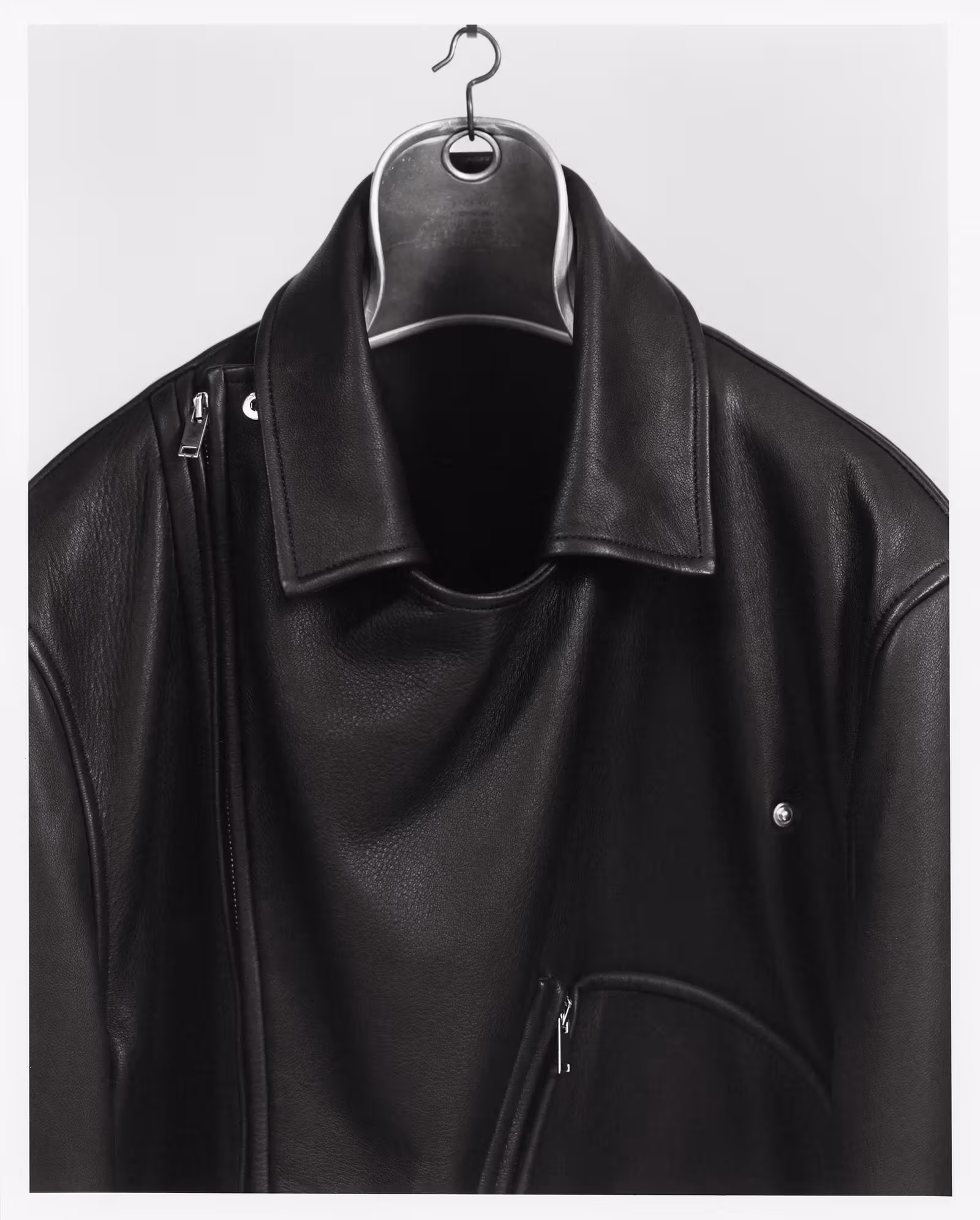 Moose-leather jacket lapels and off-centre zipper