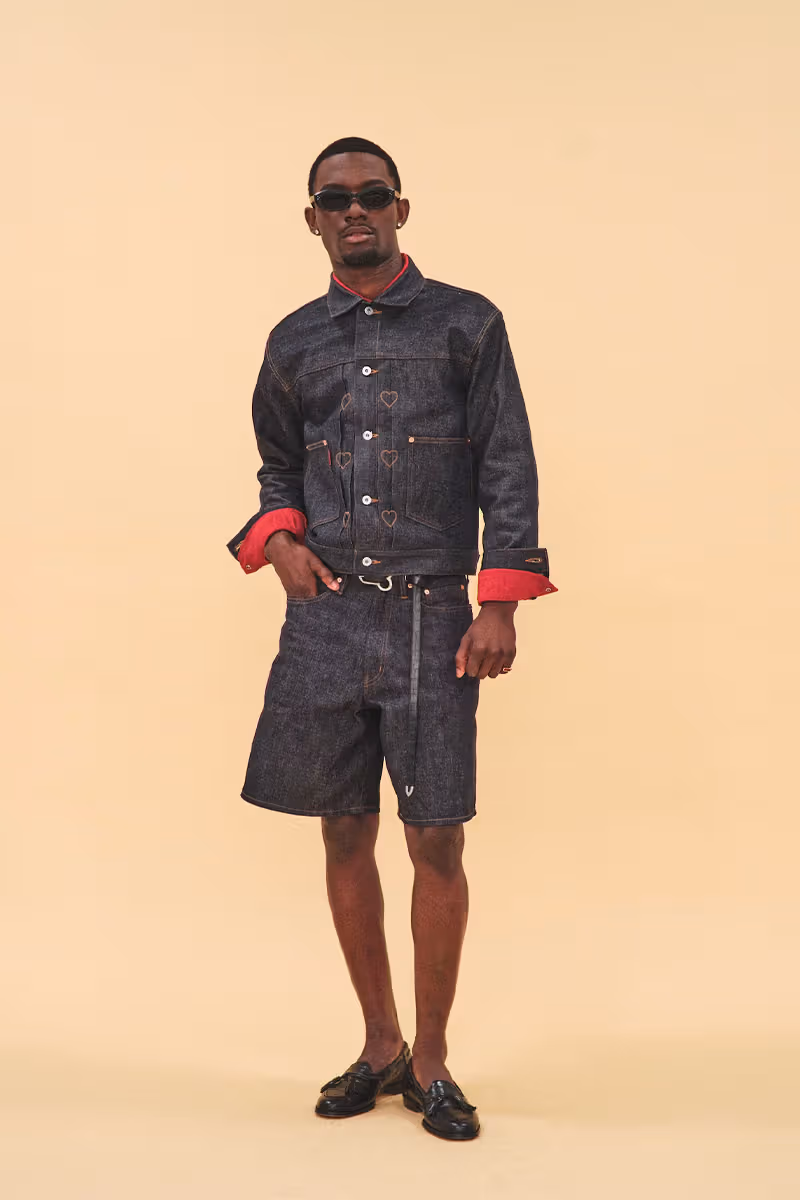 Road 69 dark denim outfit with red cuffs