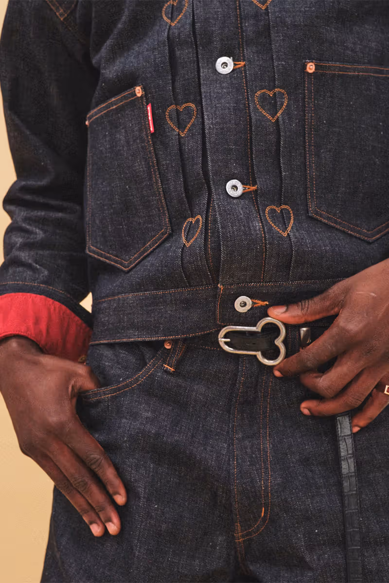 Collaboration denim jacket heart stitching and buttons