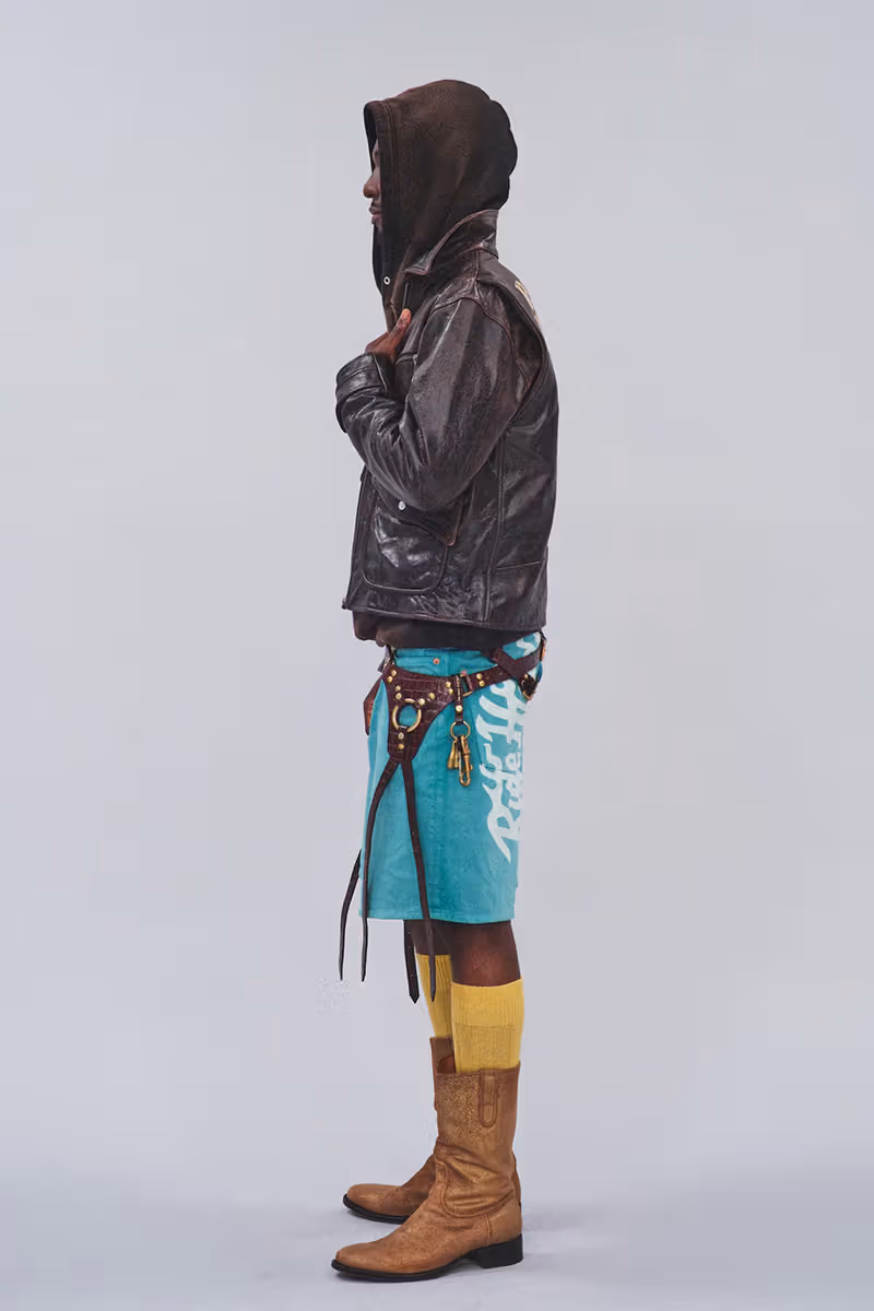 Collaboration hooded leather jacket and wide shorts