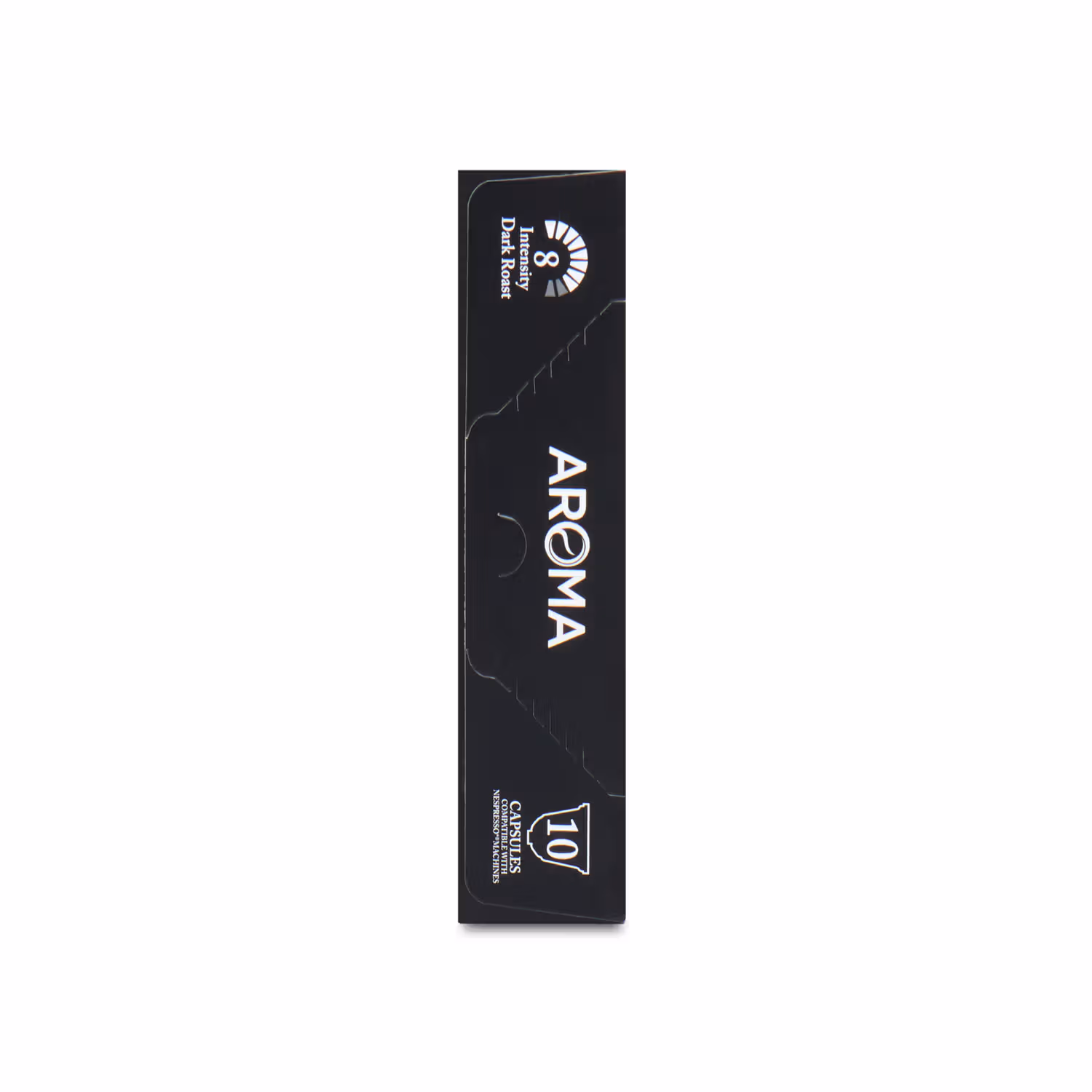 ข้างกล่องดำพิมพ์ AROMA, 10 Capsules และ Compatible with Nespresso Machines