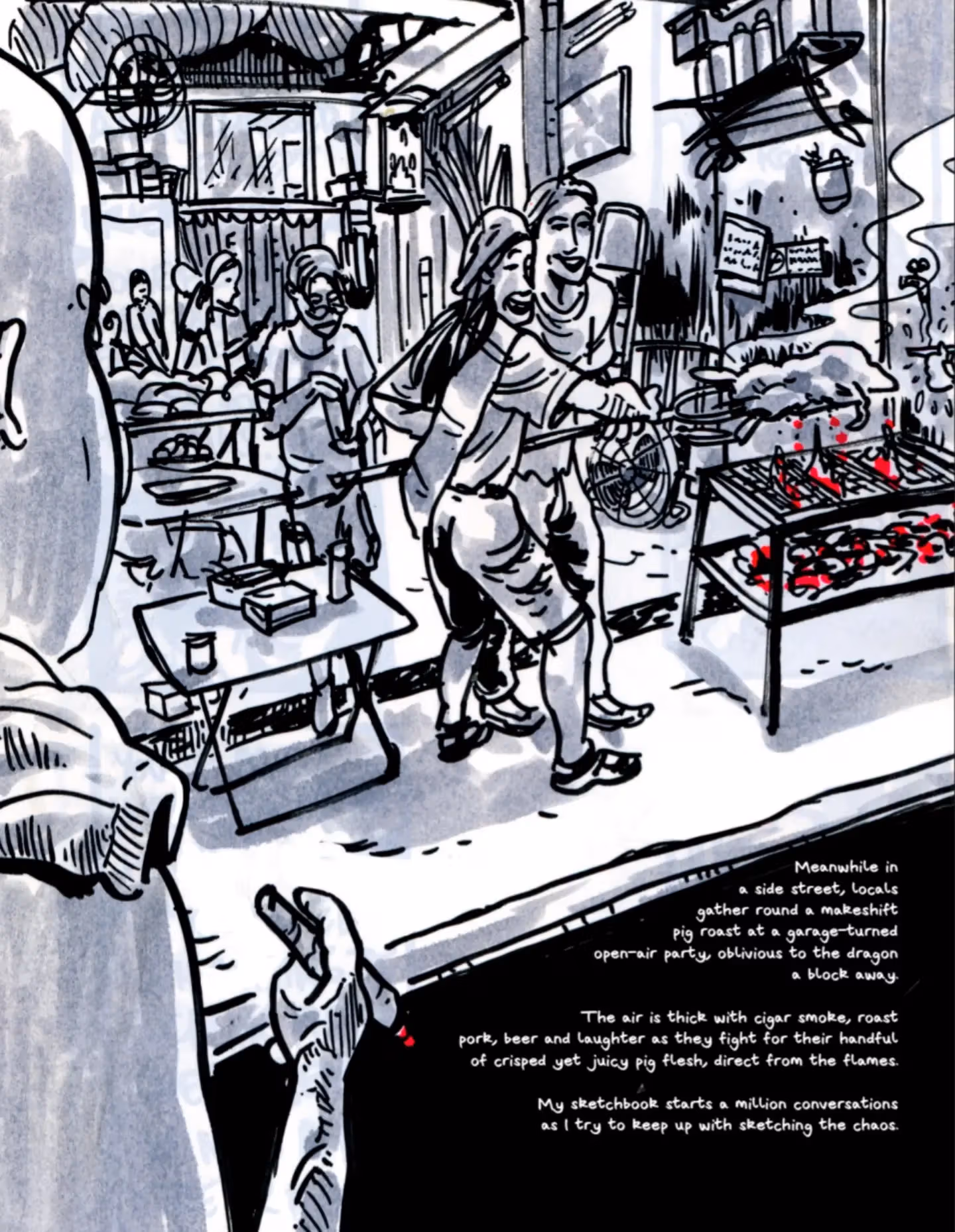 黑灰线条漫画里两人以长杆处理烤肉，红色点出炭火，下方前景是持笔的手与英文叙事文字