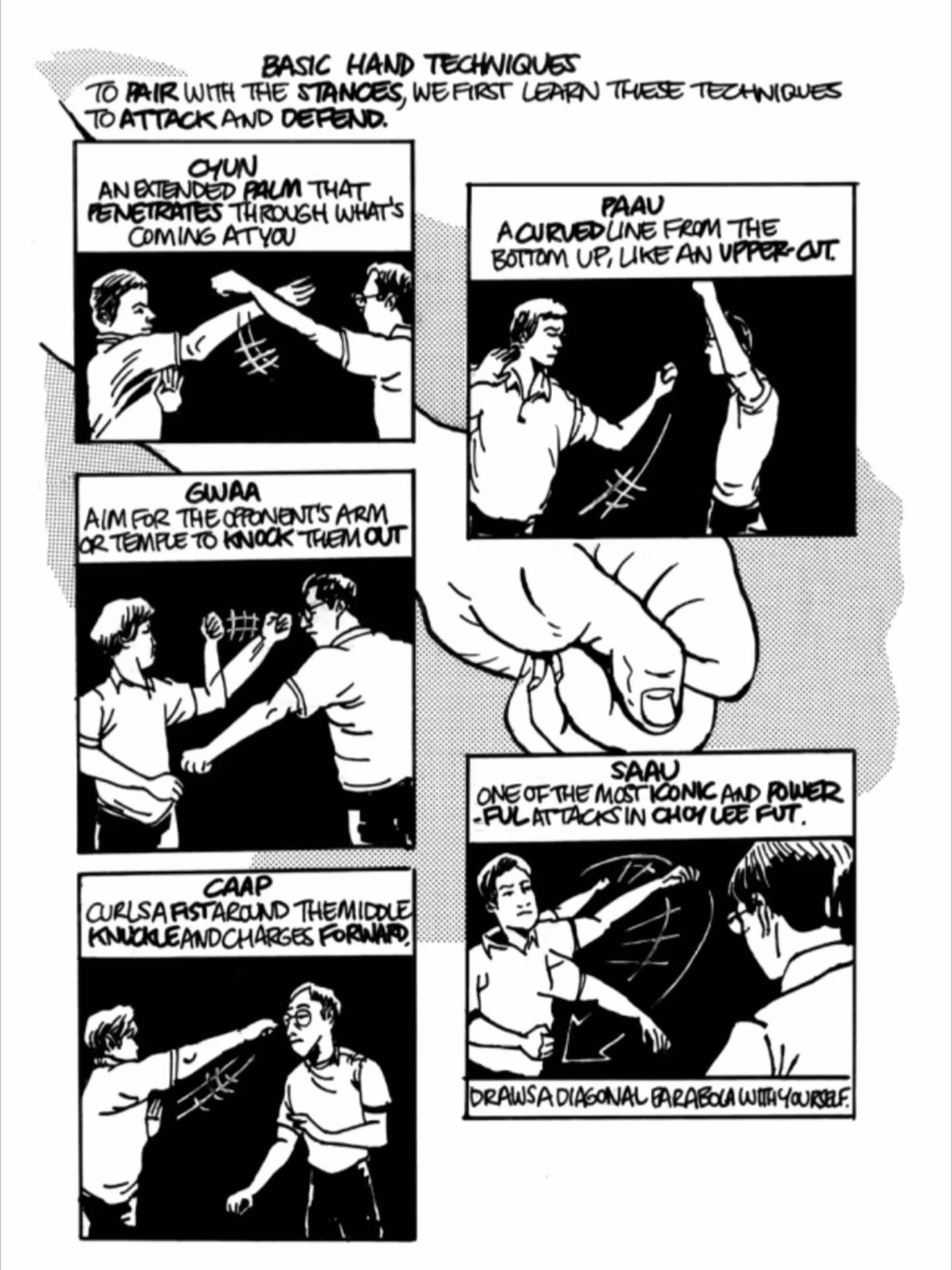 黑白漫画以多个方框画出两人对练的手臂动作，中央为握拳特写，配英文手写说明