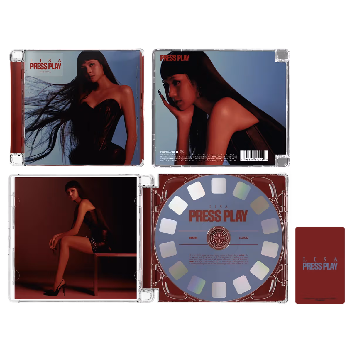 กล่อง CD ใสหลายด้านและภายในวางรวมกัน LISA ใส่เสื้อเข้ารูปสีดำ แผ่นเทาอมฟ้ามีตัวอักษรแดงและช่องสี่เหลี่ยมล้อมเป็นวง