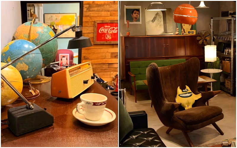 Two panels show globes and a radio beside a brown armchair and pendant lamps
