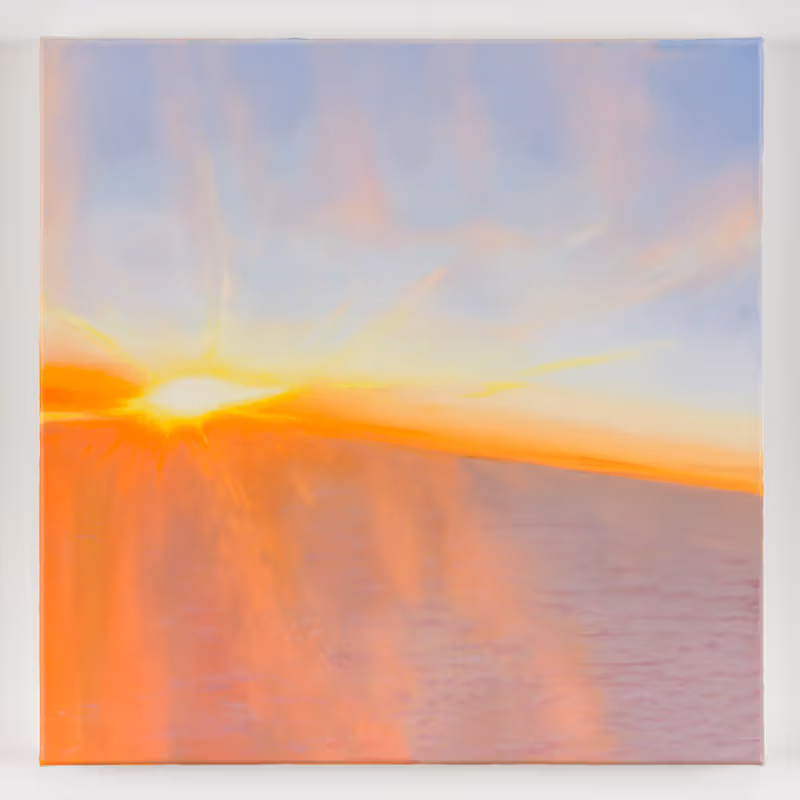 A bright yellow sun sits near the horizon at left in a square painting, sending orange-pink light across a pale-purple sky and clouds below.