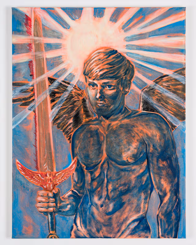 A muscular winged figure grips a sword in an orange-red and blue painting, with light radiating above his head.