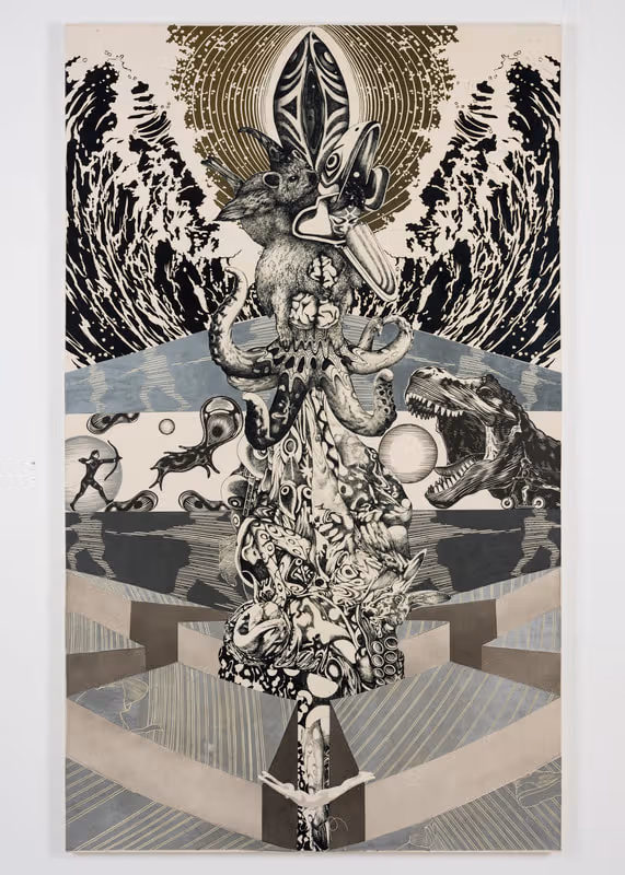 A vertical black, grey and gold collage combines animal heads, tentacles, circular motifs and folded geometric planes.