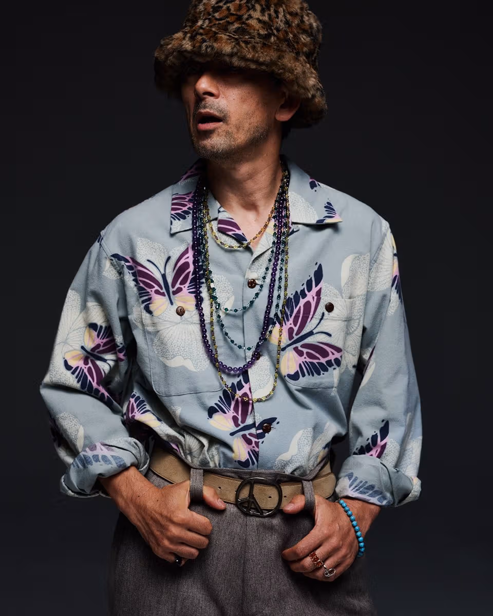 Kenichi Takitoh in pale butterfly shirt campaign photograph