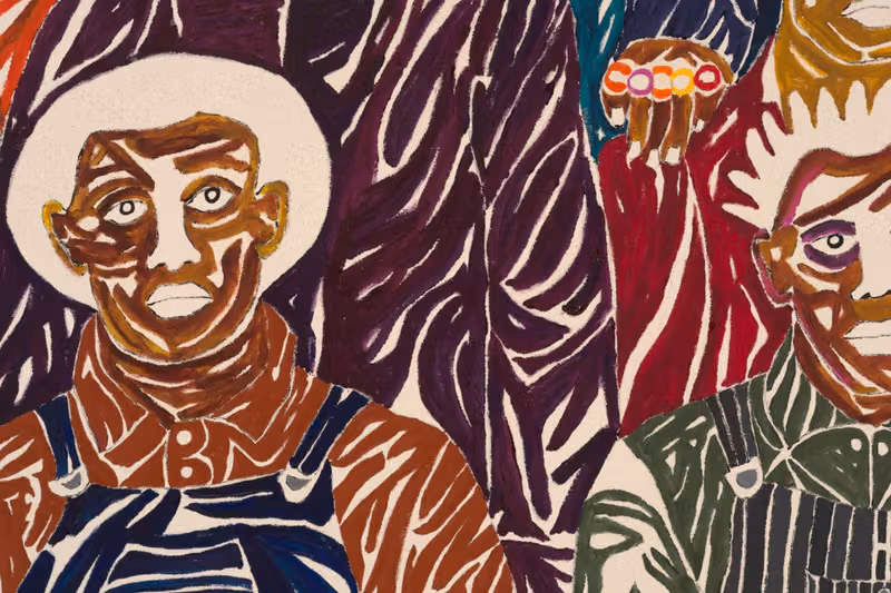 Faces and clothing in a detail of Chase Hall’s painting