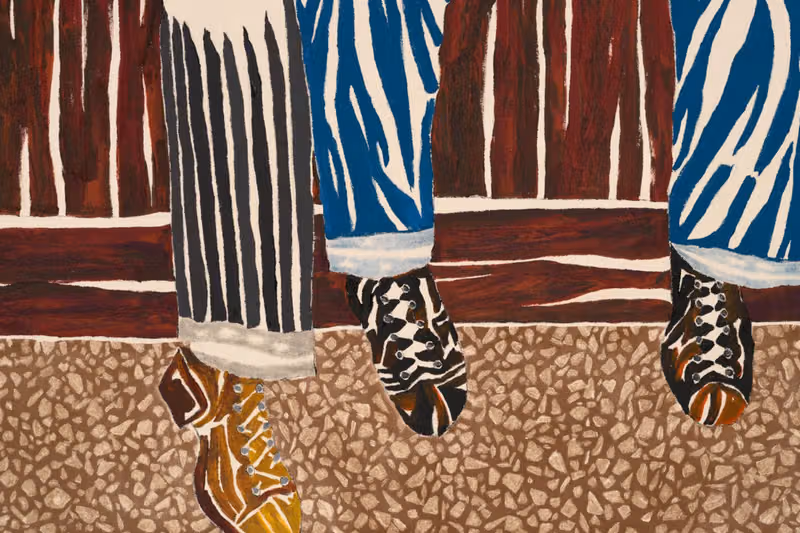Trouser legs, shoes and ground in the imagined miners painting
