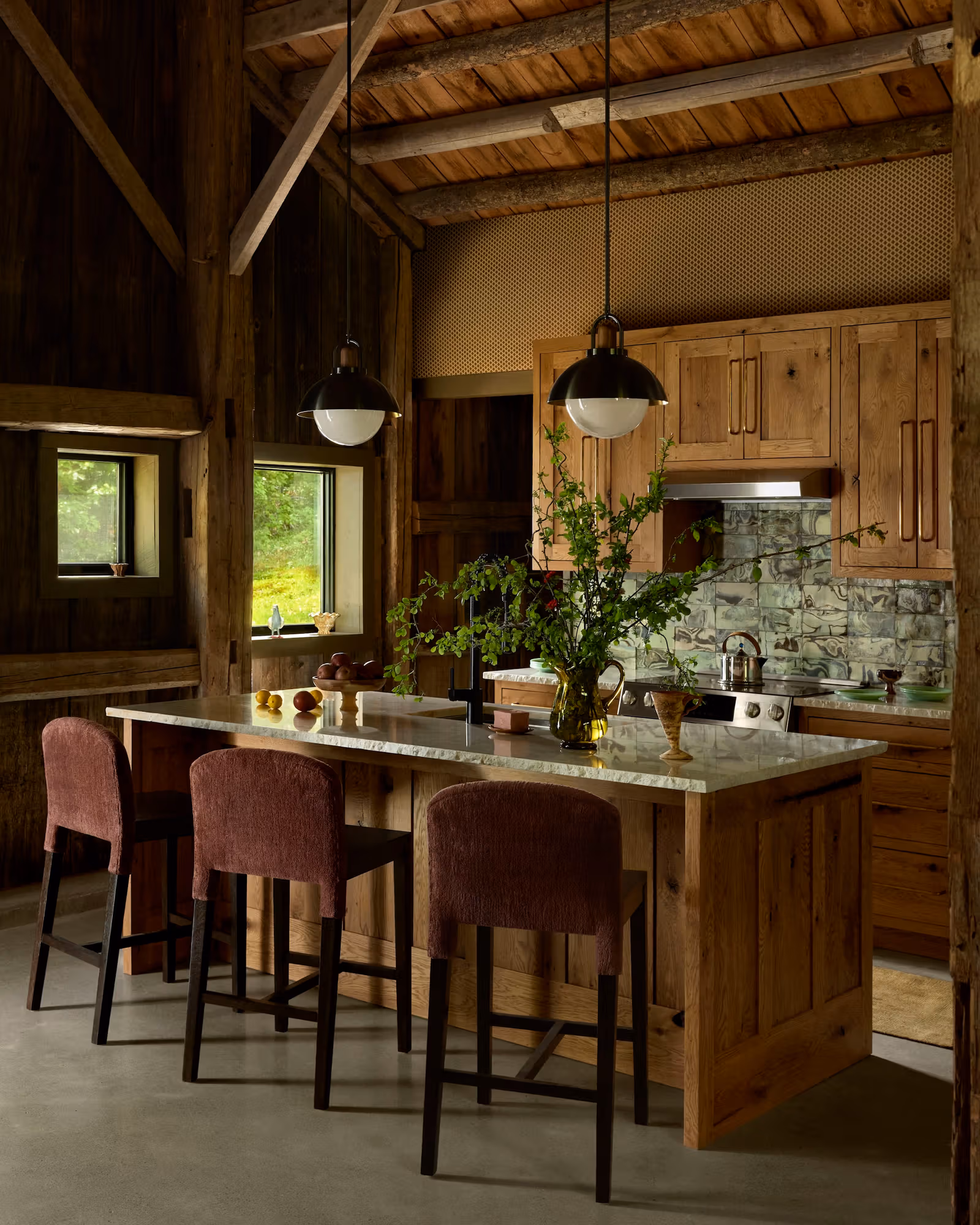 Green kitchen tiles, island and pendants at Brume Hollow