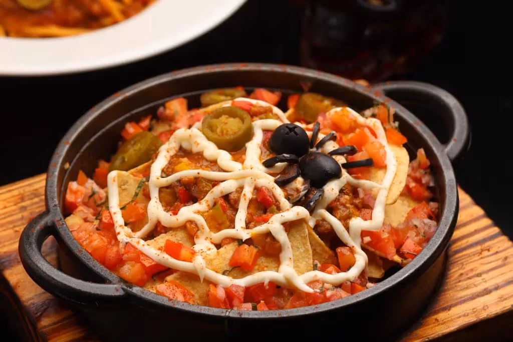 黑色双耳锅里的Nachos、红色切丁与绿色圆片，上方有白色网状酱线和黑色蜘蛛造型