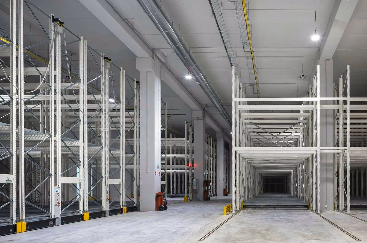 Empty storage racks at Pompidou’s Massy site