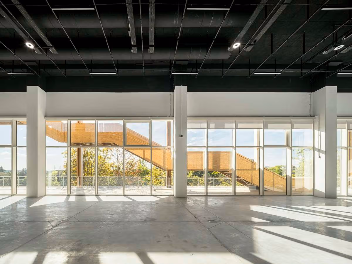 Empty Massy gallery with a timber stair outside the windows