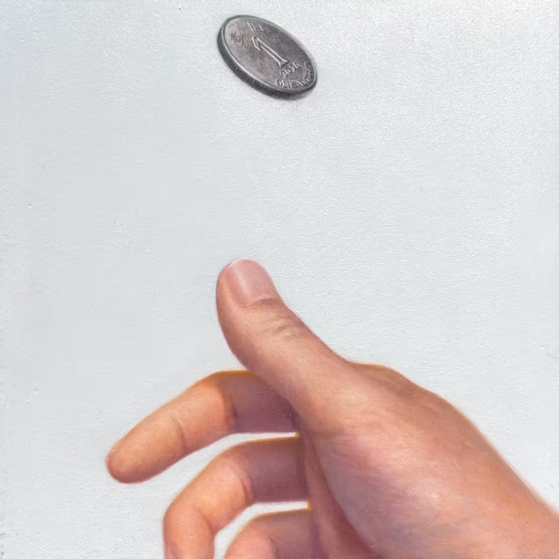 มือยกนิ้วโป้งอยู่หน้าพื้นหลังเทาอ่อน ด้านบนมีเหรียญที่ระบุคำว่า ONE DOLLAR