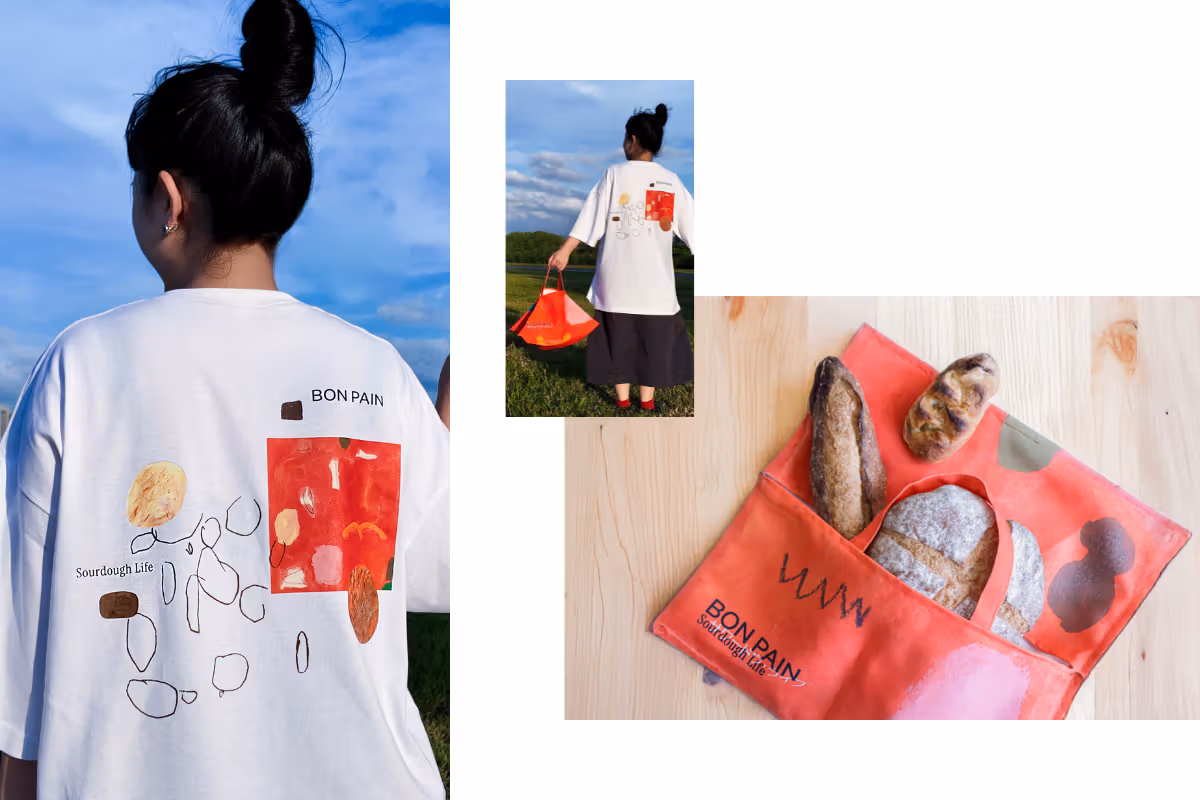 白いイラストTシャツと赤いBon Painキャンバスバッグの商品画像