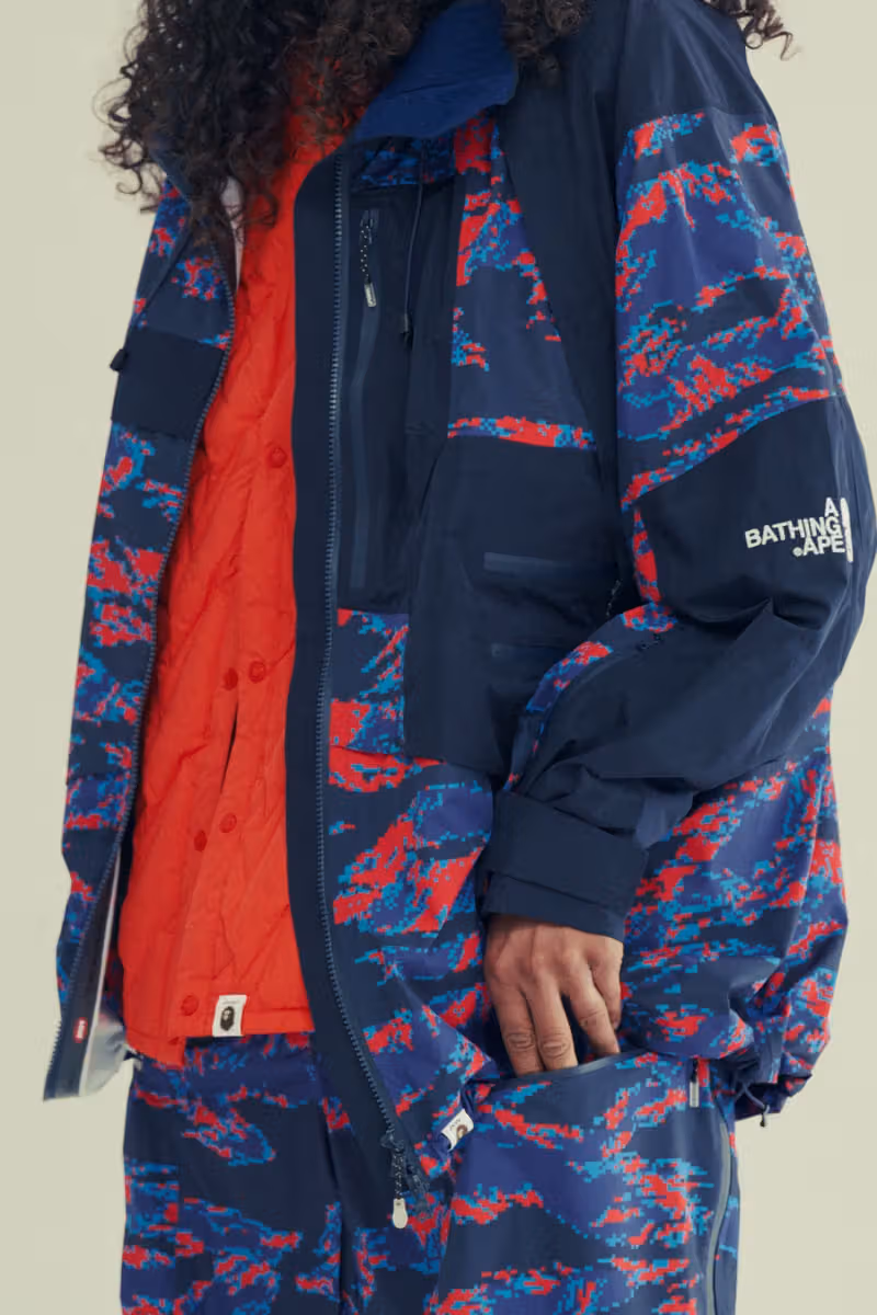 Close-up of pockets, zips and sleeve panels on red-blue digital camouflage outerwear