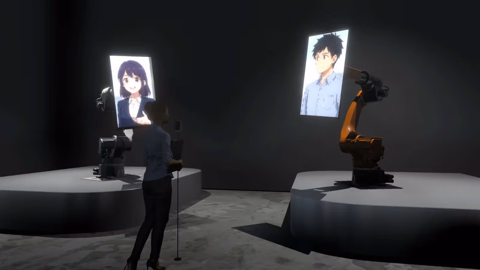 Two industrial robotic arms support virtual-character screens in a dark space