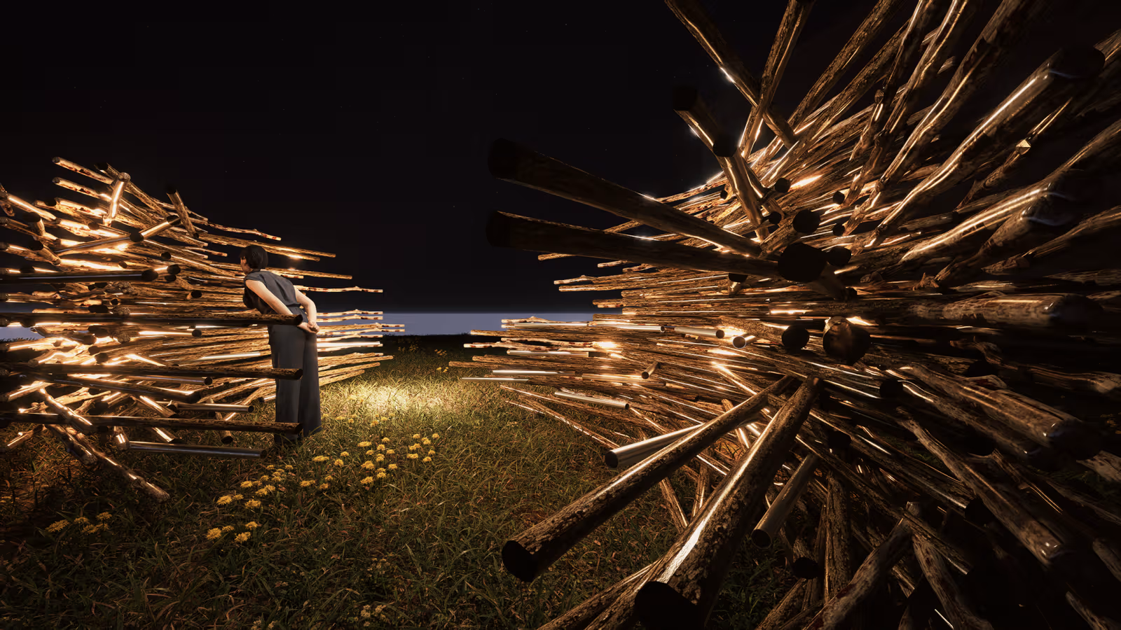 Nighttime visualization of a person between two nest-like structures