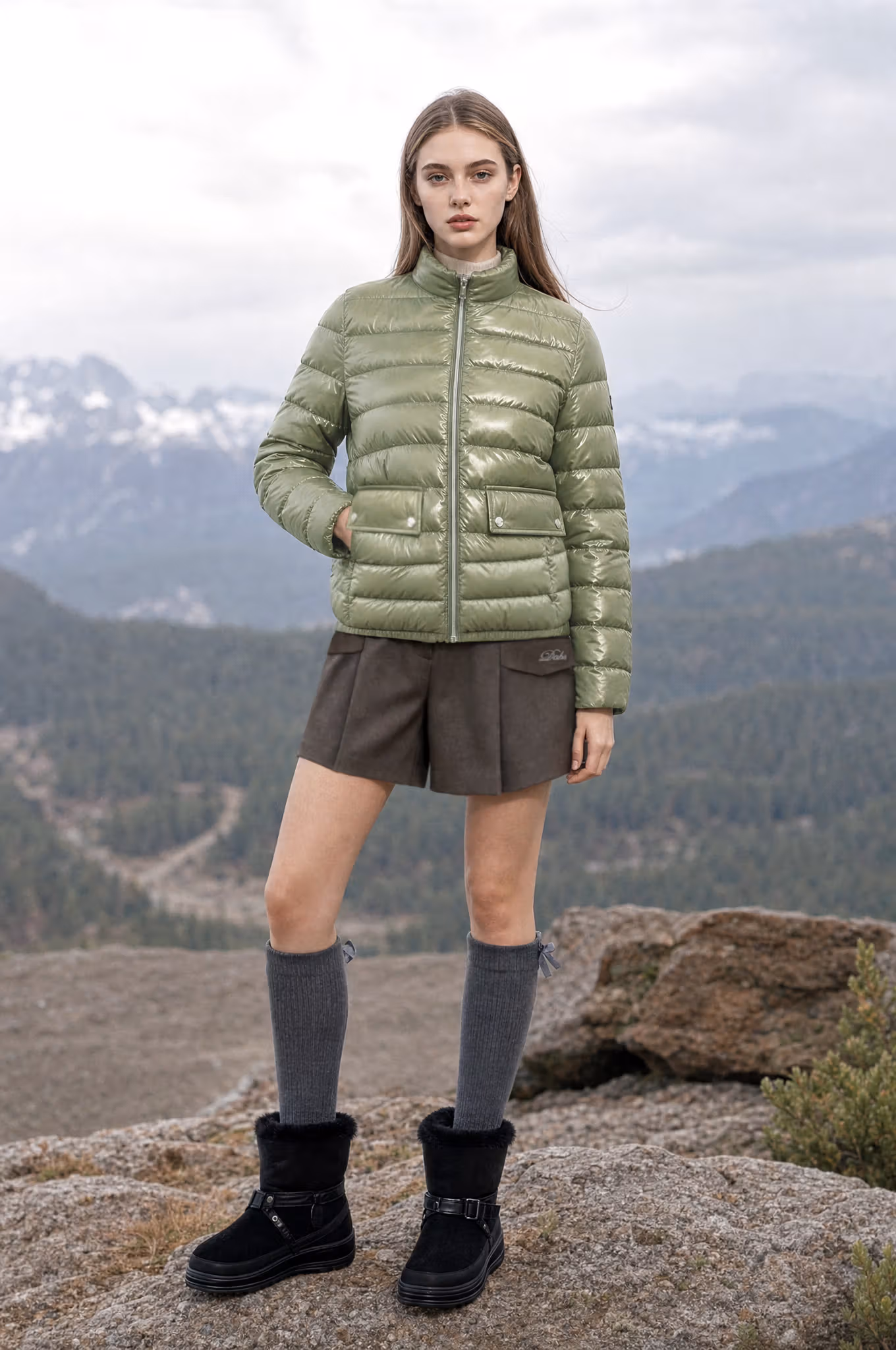 Woman in green down, brown shorts, gray long socks and black footwear