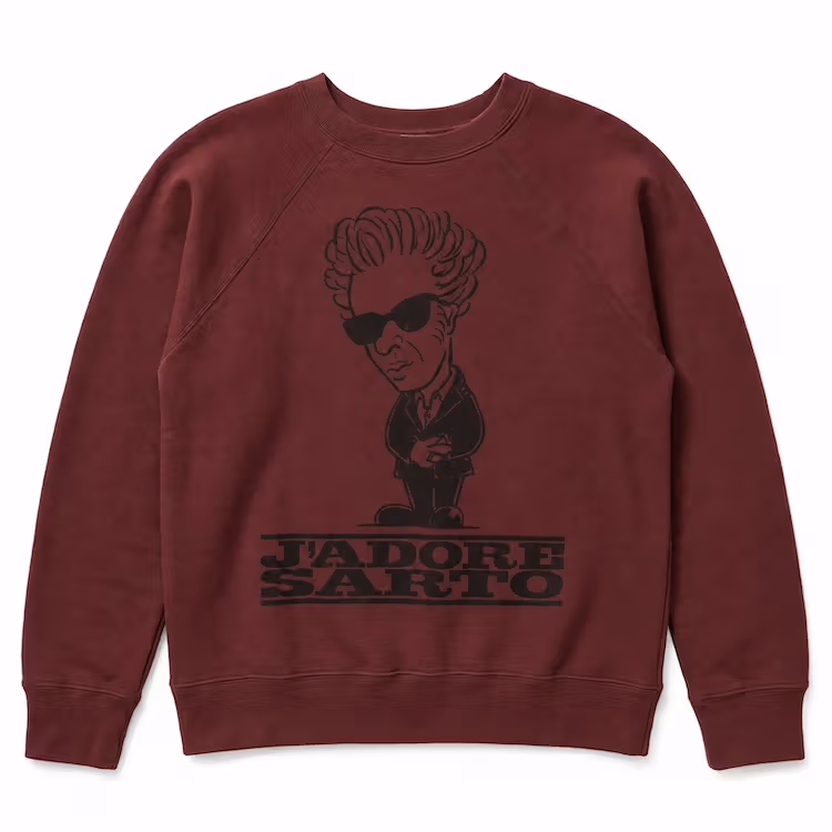 Fictional filmmaker graphic on a burgundy sweatshirt