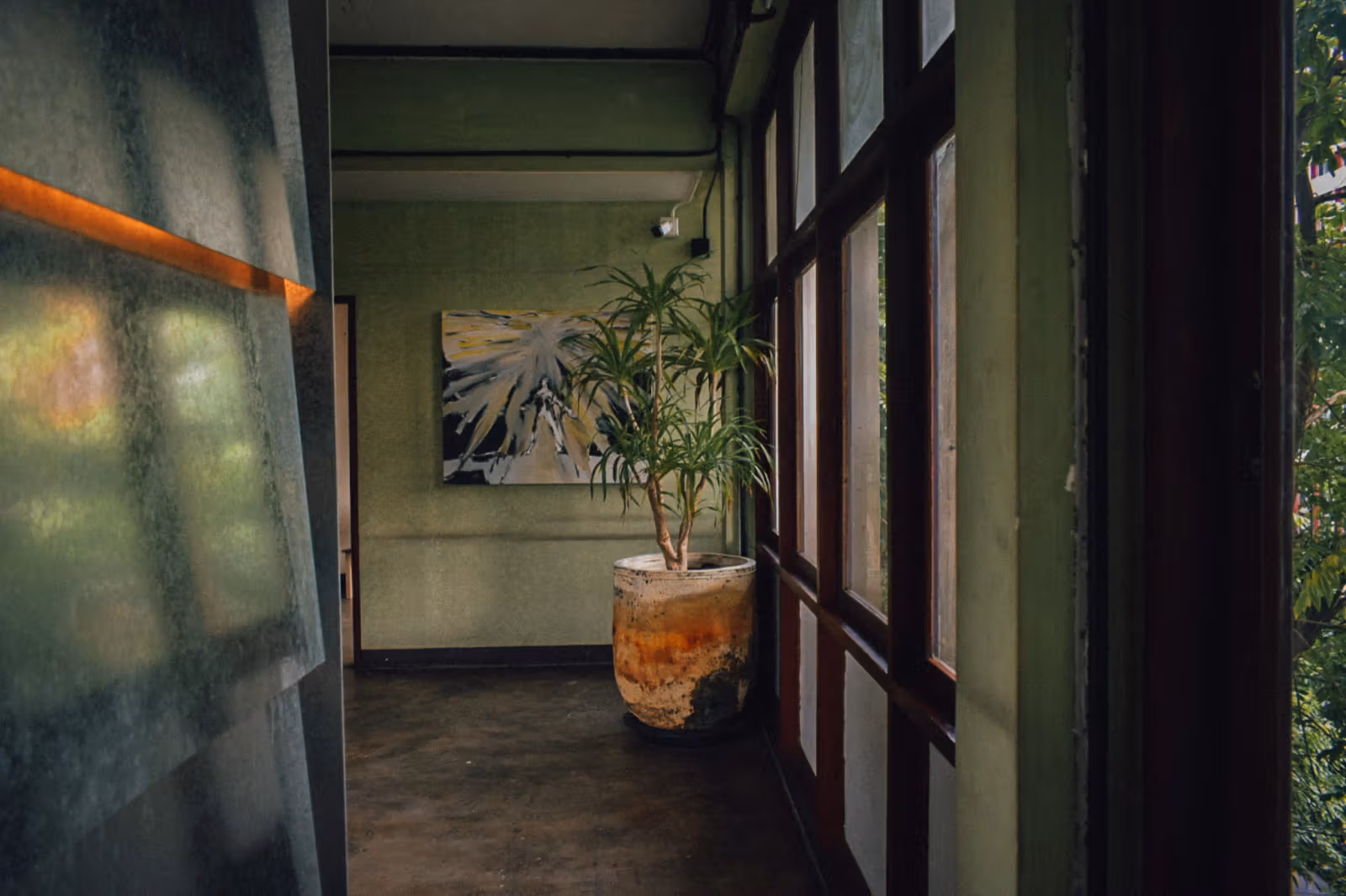 Sala Saneha 木框窗旁的走廊，盆栽與牆上畫作映在日光裡。