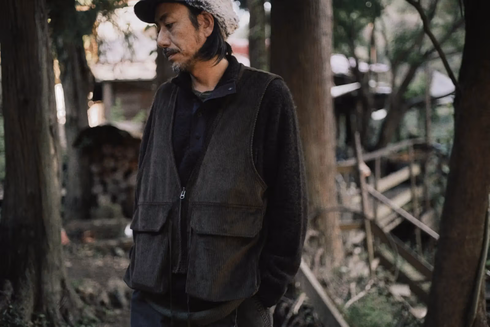 Corduroy vest styling image showing wide ribs and dimensional front pockets.