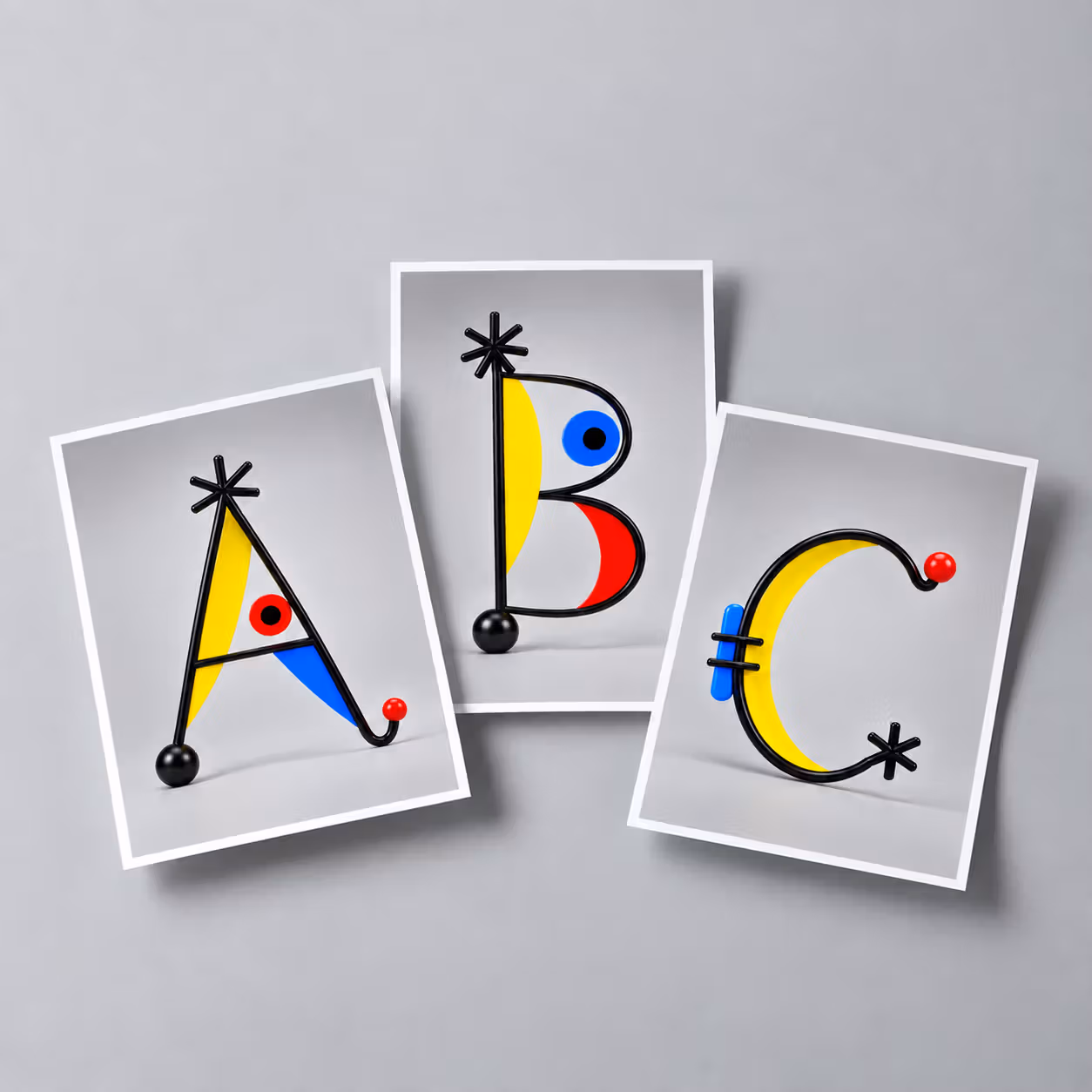ภาพจำลอง Artist Series ABC ที่ได้แรงบันดาลใจจาก Miró ใช้เส้นดำกับแม่สี