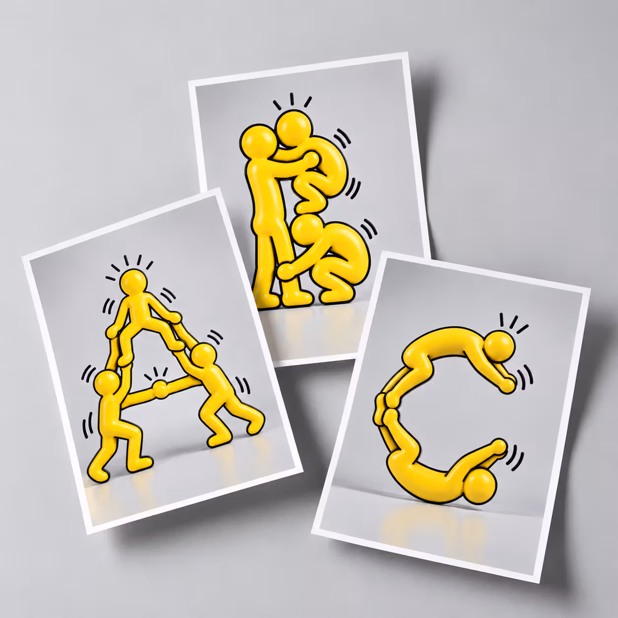 ภาพจำลอง ABC ที่ได้แรงบันดาลใจจาก Keith Haring ใช้รูปร่างคนสีเหลือง