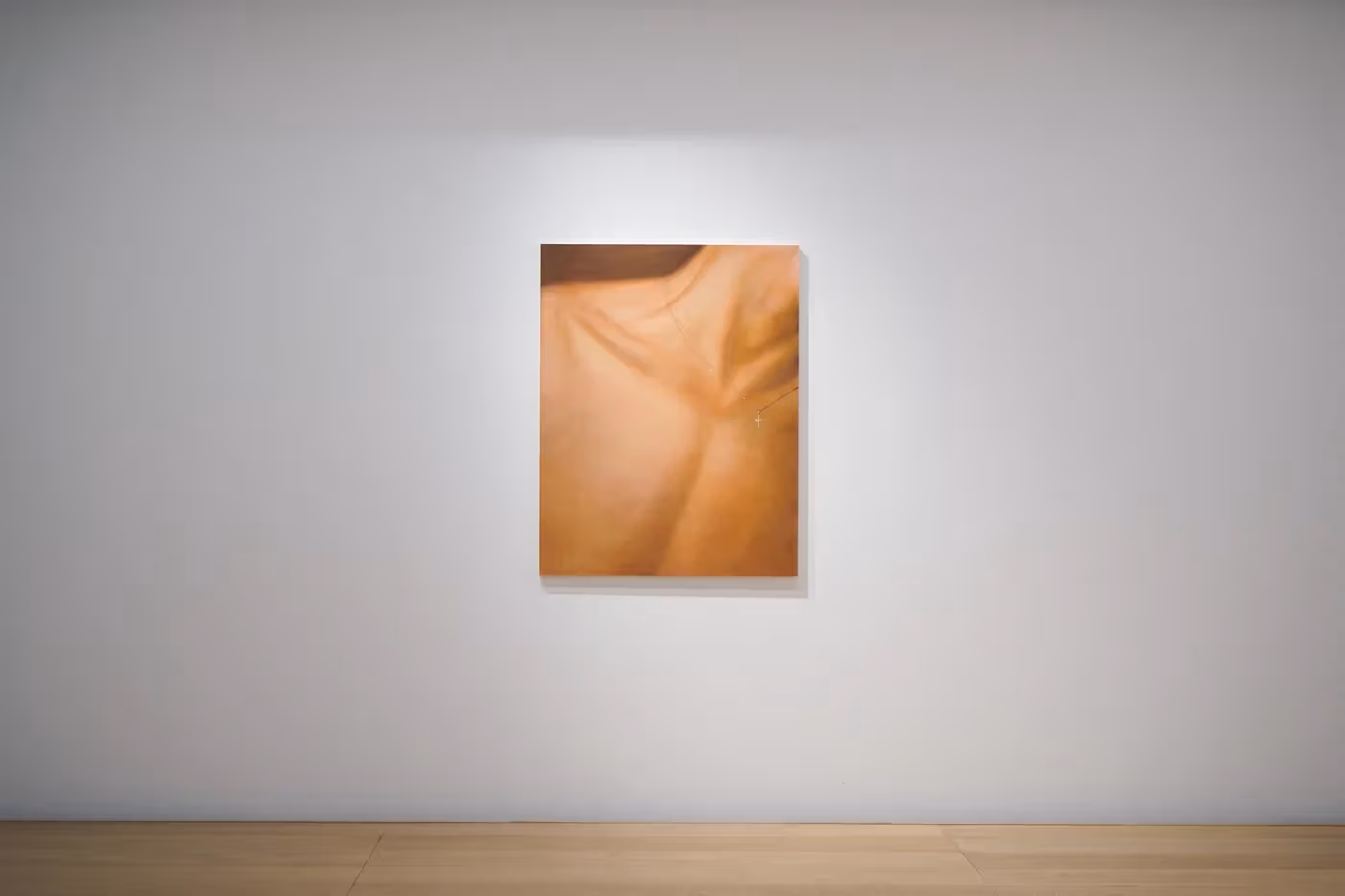 Installation photograph of a pastel collarbone and fine necklace, combining warm textures with a thin line.