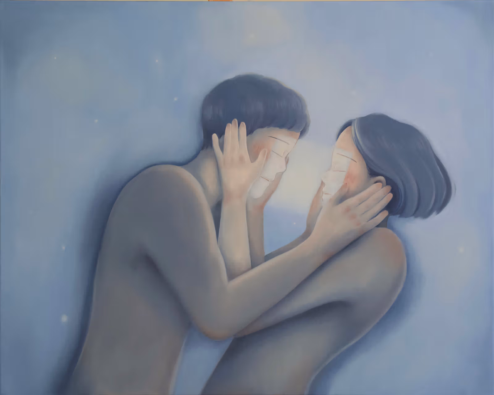 Official artwork reproduction: two closed-eyed figures bring hands close to faces against a pale-blue background.