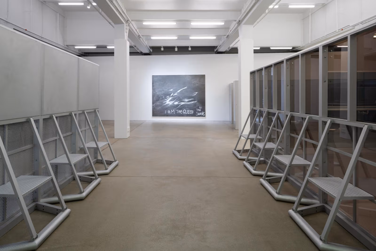 House of Swans, F Hall Gallery: metal structures frame the view towards an image at the far end.