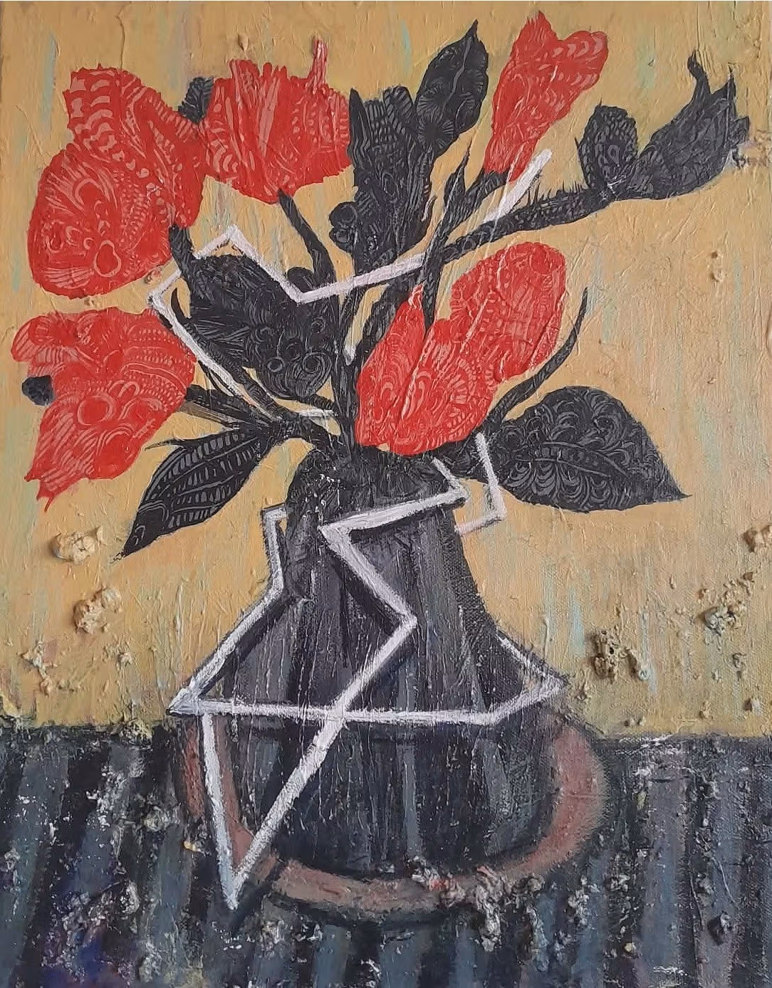 Painting of red flowers black leaves and a dark vase on yellow