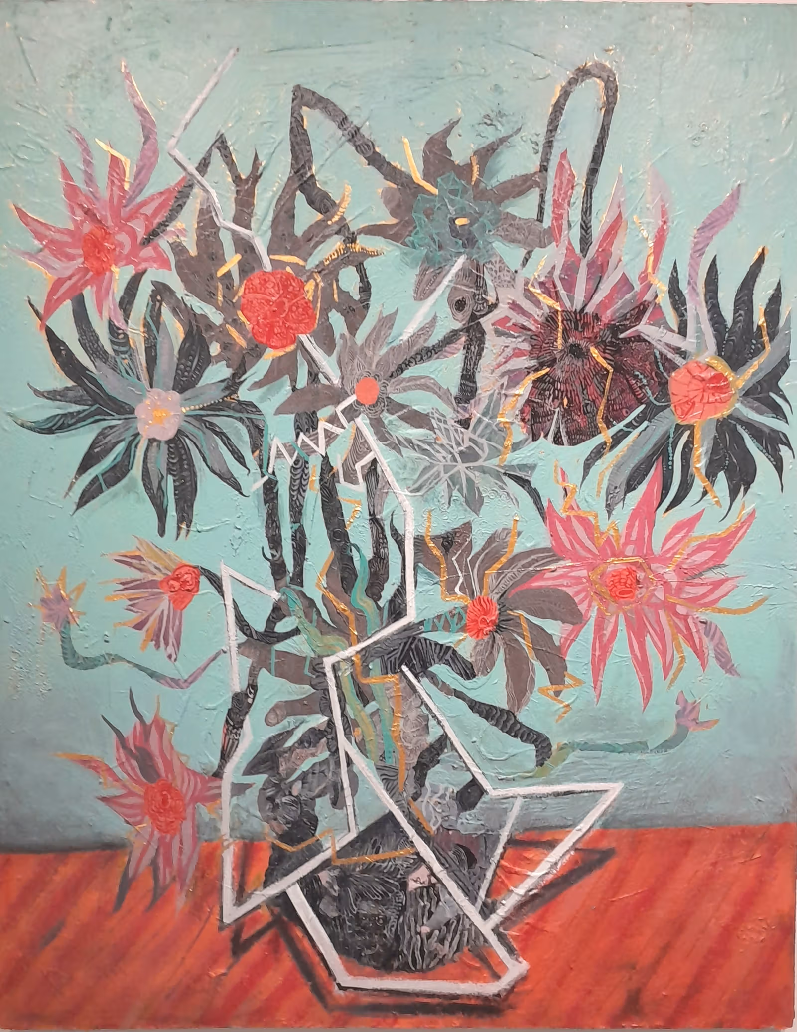 Flower composition with several white vase-like outlines