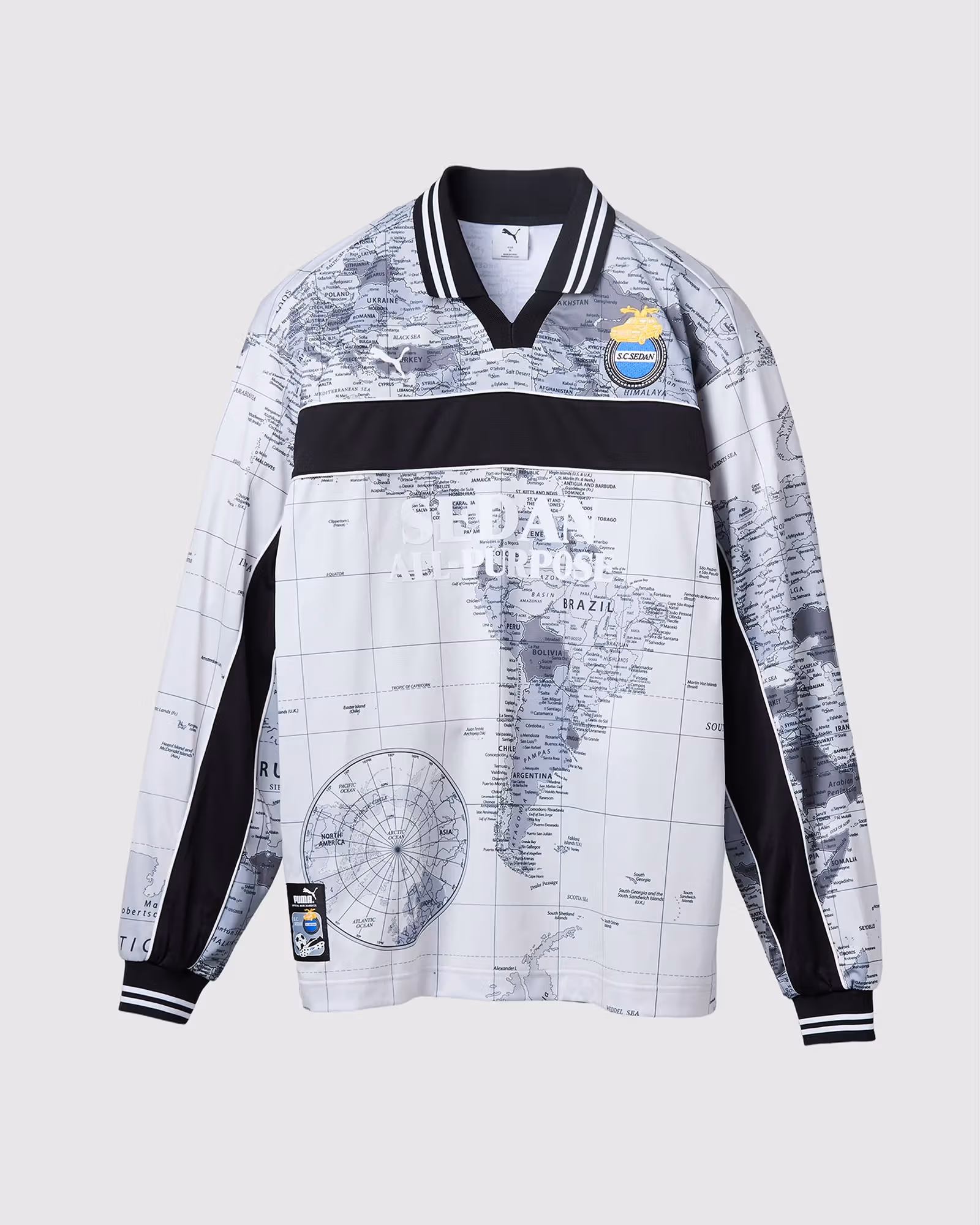 World Map Game Shirts ใช้ลายแผนที่เต็มตัว ปกเสื้อ และชื่อ SEDAN บนอก