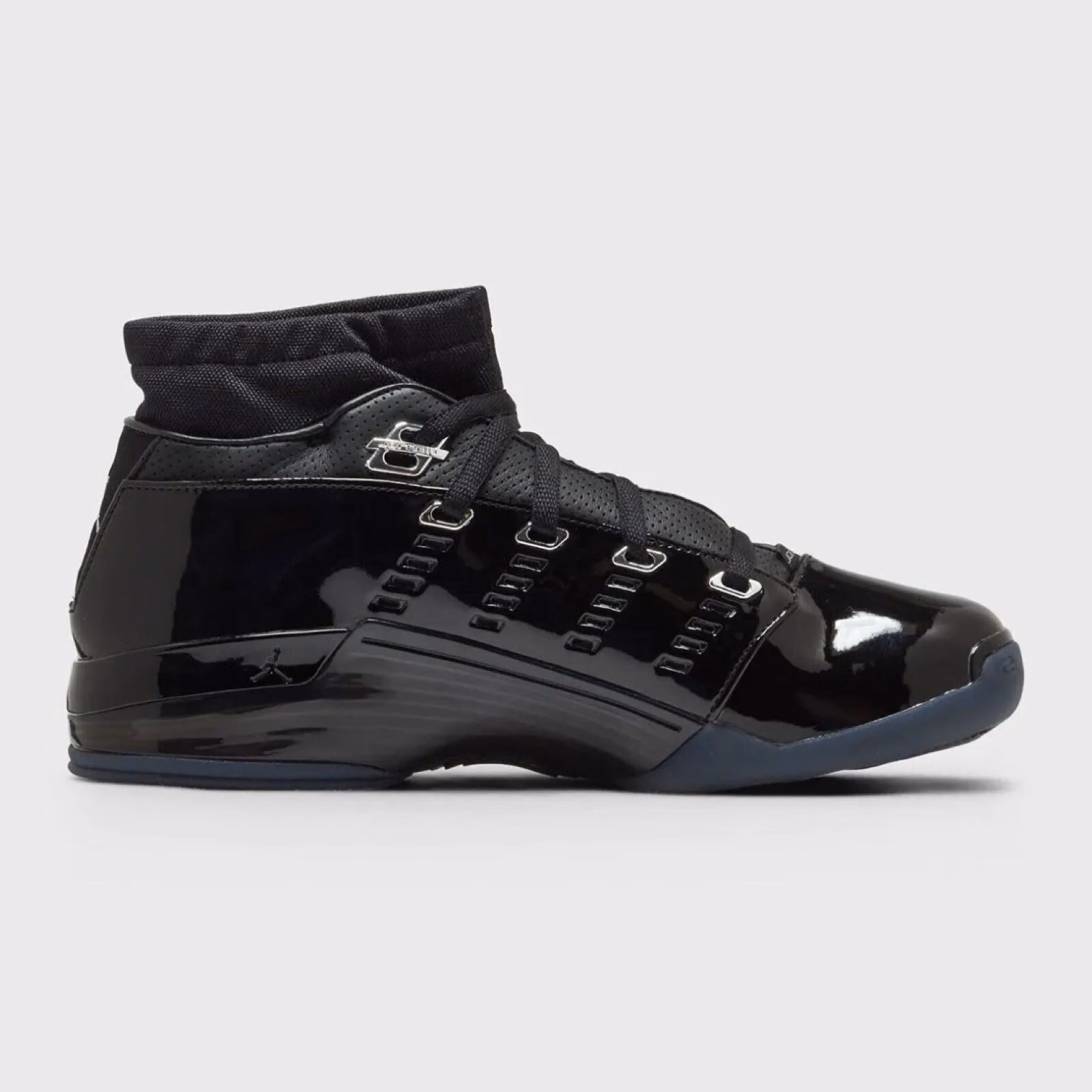 Air Jordan 17 Low retros in black patent leather, croc tongue replaced with perforated leather